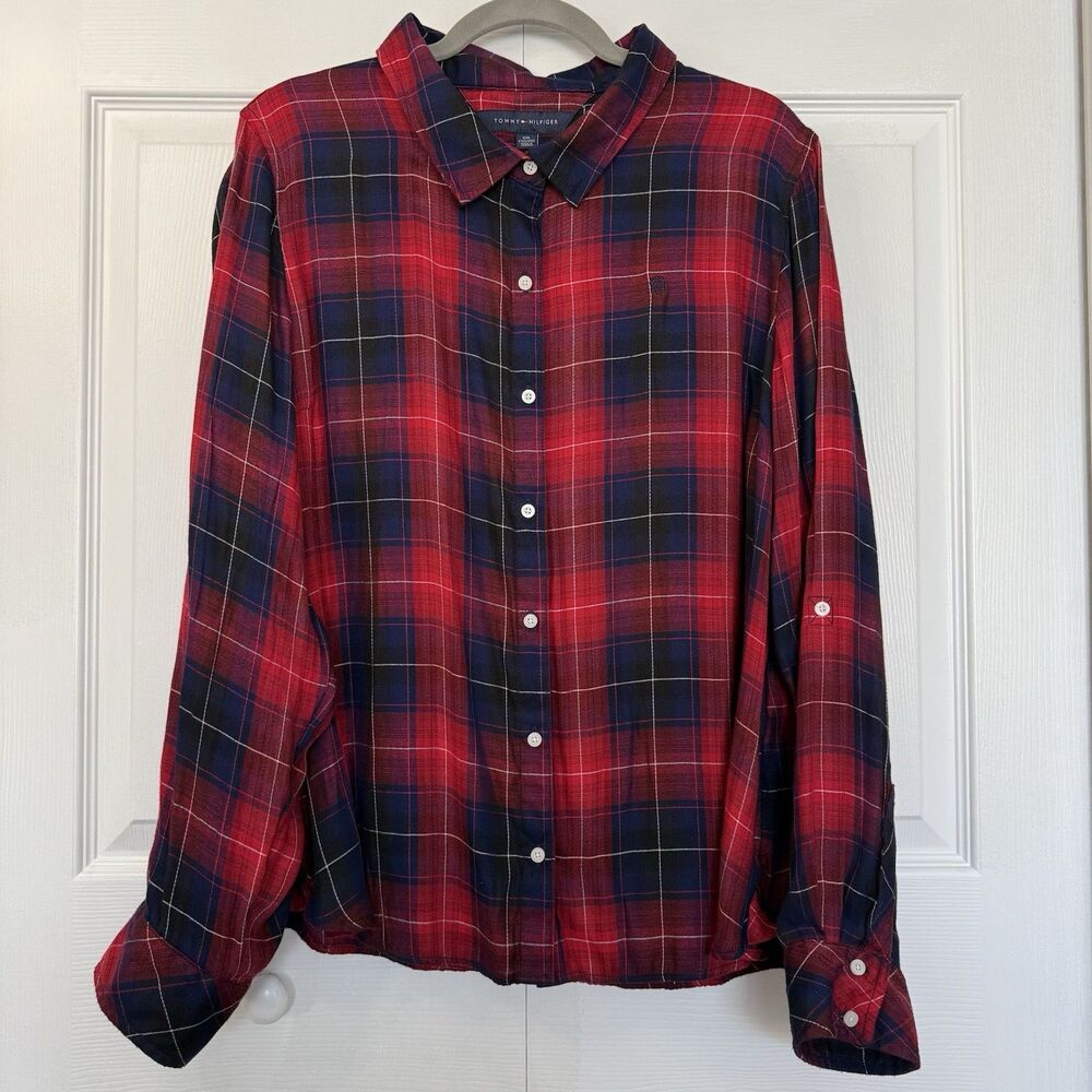 Tommy Hilfiger Red/Blue Plaid Button Down Shirt Roll Tab Sleeves Women’s Sz XXL